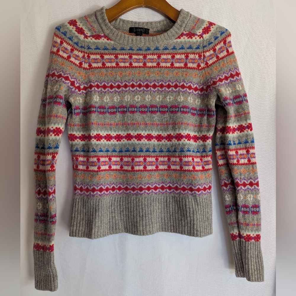 J.Crew XS 100% Wool Crew Neck Gray Sweater Winter Fair Isle